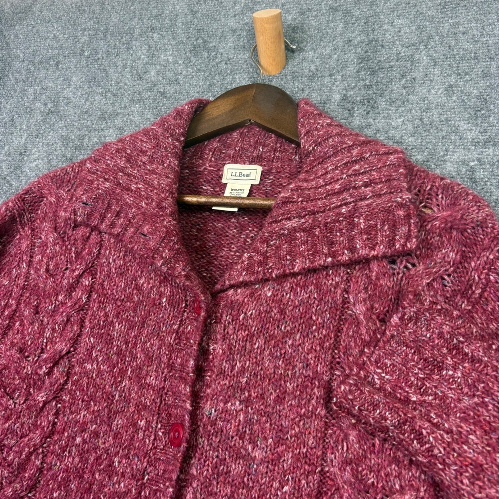 LL Bean Cardigan Sweater Womens L Burgundy Cable Knit Wool Blend Shawl Neck
